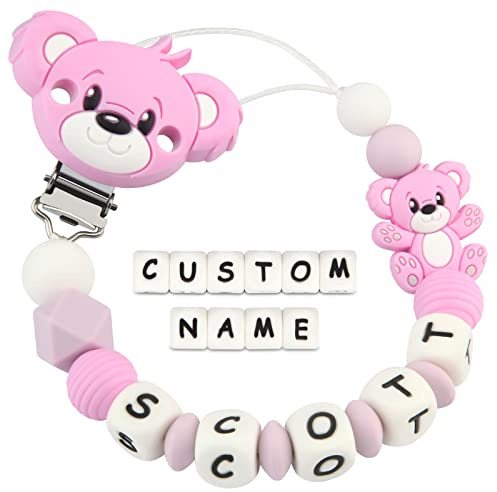 Kowlone Schnullerkette mit Namen Jungen mädchen Personalisiert Teddy Bär Schnuller Clips Halter(Lila)