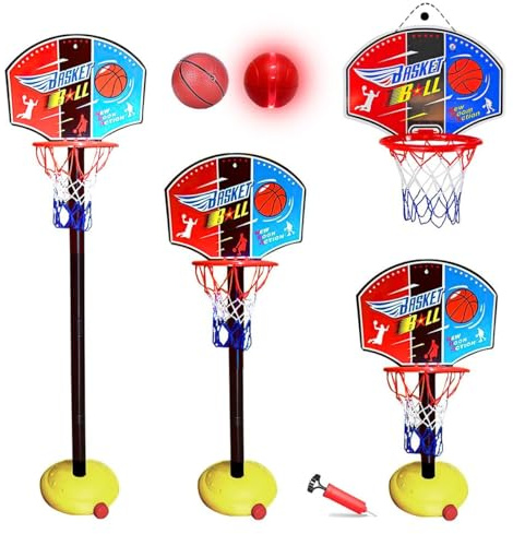 Xwin Luminous LED Soft Foam Portable Basketball Hoop Adjustable Height Inflator Toys Indoor Outdoor Light-Up Ball Summer Garden Beach Sports Accessory Learning