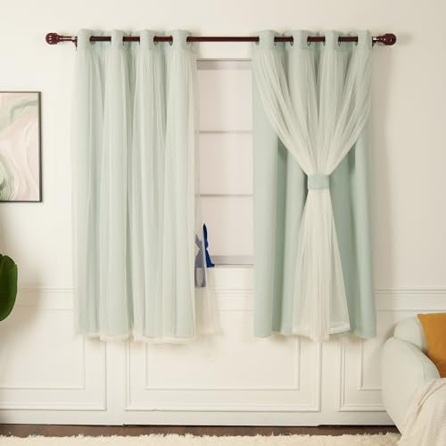 INLINAS Mintgrüne Verdunkelungsvorhänge mit transparenter Überlagerung, Thermo- und Geräuschreduzierung, für Schlafzimmer und Wohnzimmer, lichtblockierend und energiesparend, 132 x 160 cm, 2 Stück