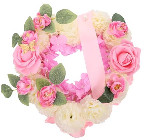 PRETYZOOM Herzförmiger Kranz Im Freien Friedhofsblumenkranz Künstliche Girlande Herz Gedenkgirlande Trauer-Requisite Kranz Künstliche Schaumstoffrosen Wandbehang Ornament Rosa