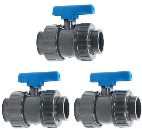 HAF 3X PVC 2 Wege Kugelhahn Blauer Griff mit 50mm x 50mm | Klebemuffe x Klebemuffe | Absperrhahn aus grauem PVC-U | PN16 für Poolfitting, Pool, Schwimmbad, Poolverrohrung, Druckleitung, Rohrleitung