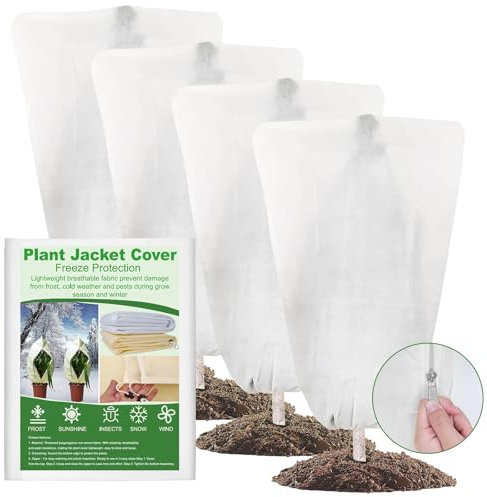 Vegamall 4 Packs 60 * 80cm Plant Protection Fleece Cover for Winter Warming Fleece Jacket Anti Frost with Zip and Drawstring Reusable Horticultural Fleece Jacket for Outdoor Indoor Garden Fleece Bags