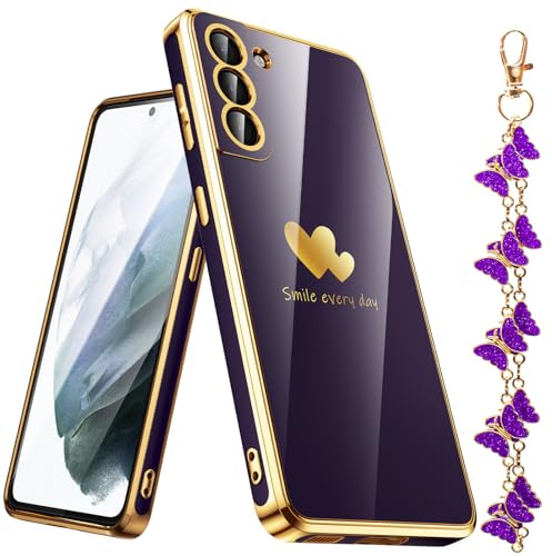 Nonional for Samsung Galaxy S21 5G Case with Phone Lanyard Wrist Strap [Butterfly Shape], Luxury Double Heart Pattern Plating Gold Edge Slim Soft Phone Cover Case for Galaxy S21 - Purple