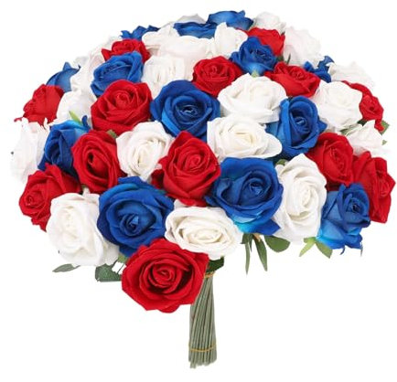 Elprico 50 Stück Künstliche Rosen, Realistische Rot-blau-weiße Rosen mit Stiel, Blumenstrauß aus Kunststoff, Echt Aussehende Künstliche Rosen für Party-Tischdekorationen