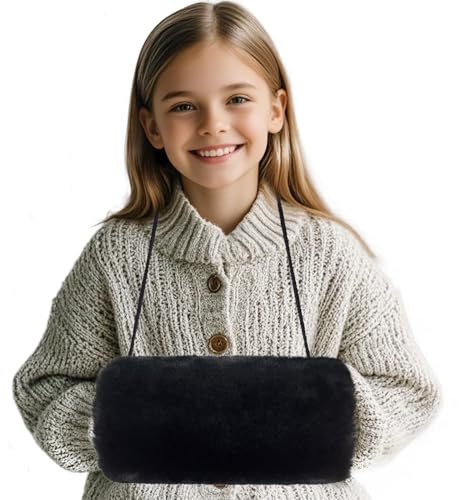 SwirlColor Handmuff Kunstpelz Muff für Warme Hände mit Tasche Riemen Schwarz Muff Handwärmer Kinder