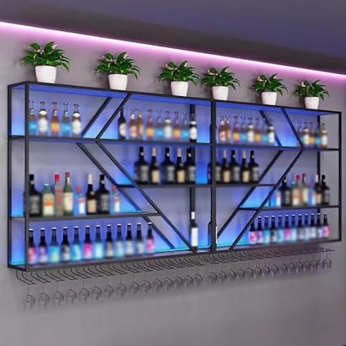 ICEMOB Industrial Vinotecas,Botellero Pared con Luz LED,Multifunción Mueble Botellero/Almacenar Botellas,Exhibidor De Vidrio para Cocina, Comedor, Hogar,Bar,Metal,200CM