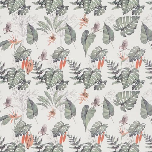 Papel tapiz autoadhesivo tropical, 44 x 1000 cm, hojas verdes, flores tropicales, pájaros, plantas, selva, papel pintado para pelar y pegar, papel de pared autoadhesivo para sala de estar, baño