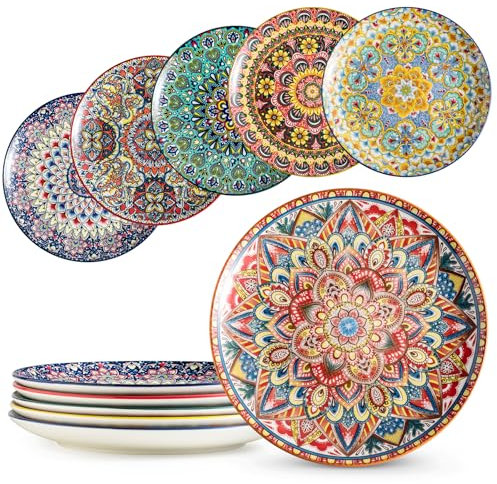 MISSYSSIM Juego de 6 platos llanos, platos grandes de ensalada de postre de 10.5 pulgadas para pasta, filetes, aperitivos, platos de porcelana colorida para servir cocina y fiesta, vajilla moderna -