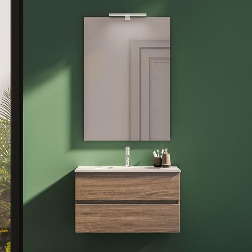 Mobile Da Bagno Sospeso Mod. Yili Con Lavabo In Ceramica Profondità 46cm Specchio Filolucido Incluso (80cm, Rovere scuro)