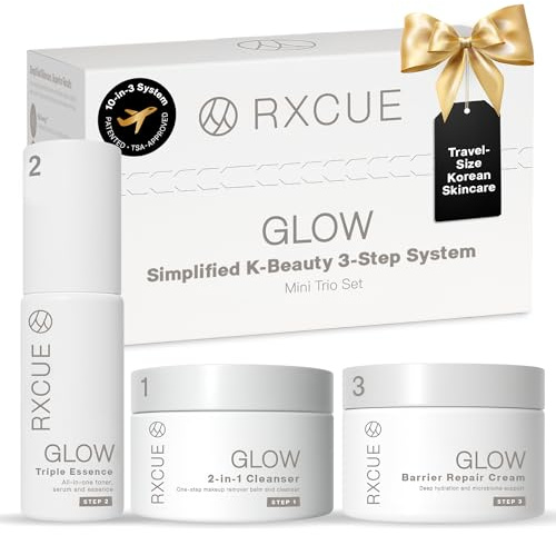 Travel Size Korean Skincare Set, 3-Step Simplified K-Beauty Kit, Rxcue Glow Patented 10-in-3 System for Glass Skin, TSA Approved, Korean Skin Care Travel Set, Skincare Kits & Gift Set, 1.01 fl oz ea
