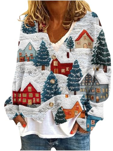 Cárdigan de mujer con estampado de Navidad, kimono de franela para invierno, chaqueta de manga larga para mujer, talla grande, con botones, ropa exterior, cuello en V, blusas para mujer, 17