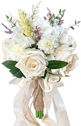 LCiclly Wedding Bouquets for Bride Bridesmaid,Small Bouquet White Champagne Ivory Artificial Fake Silk Roses Flowers for Wedding Boho Rustic Church Decoration Toss Bouquet (Champagne White, 7.5in(S))
