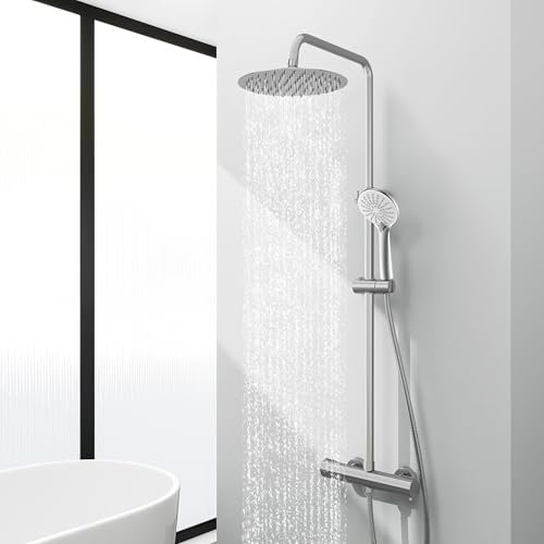 Acezanble Colonne de Douche Thermostatique,Système de douche thermostatique 38°C,Colonne de Douche Acier Inoxydable avec Mitigeur Salle de Bain,25x25CM Pommeau de Douche,Rond,Mitigeur Douche (style3)