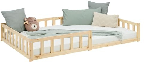 Homestyle4u Bodenbett 120x200 Kiefer Kinderbett mit Rausfallschutz | Montessori Holzbett aus massivem Kiefernholz, naturbelassen inkl. Lattenrost Liegefläche 120 x 200 cm
