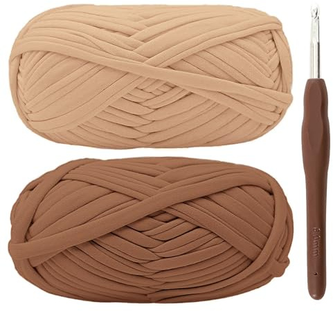 Lot de 2 pelotes de fil à crochet épais pour t-shirt avec crochet de 6 mm, parfait pour les projets de crochet, pour les débutants, tissu élastique adapté pour les loisirs créatifs