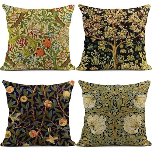 BREASOME Kissenbezug 45x45 cm 4er Set Kissenbezüge Blumen Vögel Boho Vintage Stil Leinen Kissenhülle Dekorative Sofakissen Dekokissen Zierkissenbezug für Sofa Couch Wohnzimmer Schlafzimmer | Zierkissen mit botanisch Design, Boho vintage Stil, Sofakissen Dekokissen für Wohnzimmer Schlafzimmer Sofa Couch Garten