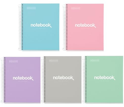 Miquelrius - Pack 5 Cuadernos A5 Cuadriculados, 80 Hojas, Tapa Dura Cartón | Cuadrícula 5 mm, Papel 90 g/m², Espiral, 2 Taladros para Archivar, Vuelta al Cole y Oficina, Notebook Emotions