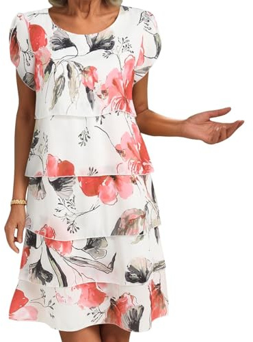 Robe Femme Été en Mousseline Col Rond Élégante ete Robes De Soirée Imprimé Fleurs À Manches Courtes Superposés Volants Léger Et Respirant Mini Dress Décontracté Plage Cocktail Robe (A0a2-White, XL)