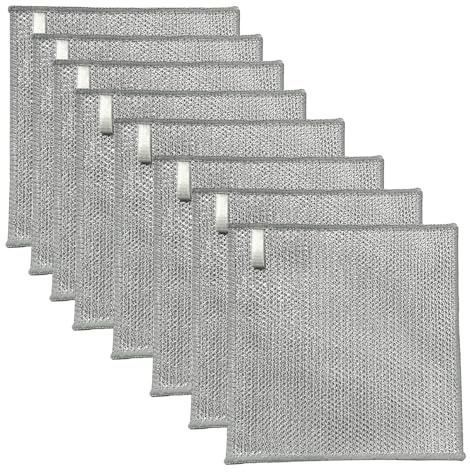 YinQin 8 PCS Triple Layer Stainless Steel Wire Cleaning Cloths for Kitchen | Non-Scratch, 20x20cm, Metallic Mesh, Reusable, Hanging Loop Design, Multipurpose, Quick Dry