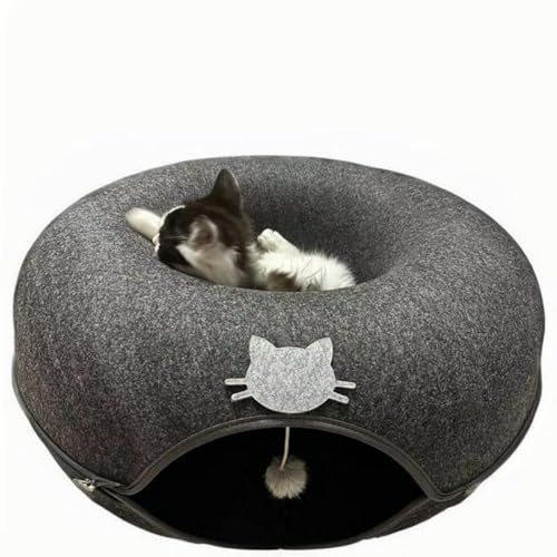 Katzenhöhle aus robustem Filz (60x60x28 cm) - Donut Spieltunnel mit Kratzfläche | Multifunktionales Katzenbett zum Schlafen, Spielen & Entspannen | Graue Kuschelhöhle für Katzen