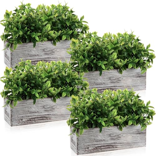 Lyrow 4 Pack Artificial Eucalyptus Plants in Rectangular Rustic Wooden Planter Box Faux Potted Herb Plant Greenery Centerpiece for Cabinet Windowsill Table Shelf Wedding Farmhouse Decor (White,11.4'')