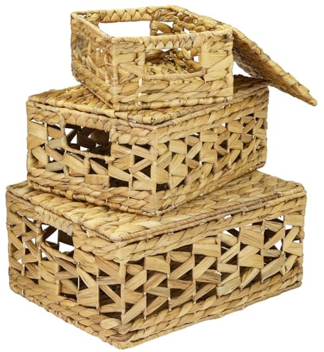 HMF Juego de 3 cestas de almacenamiento con tapa, cestas de junco de mar trenzadas | pequeño, mediano, grande