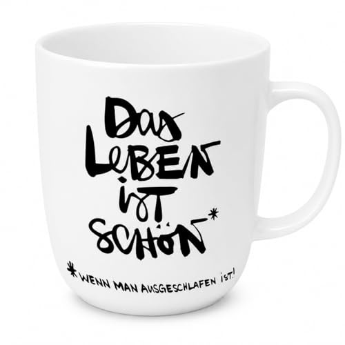 ReWu Schönes Leben Porzellanbecher 350 ml, Weiß | Kaffeebecher mit Henkel aus Porzellan, Spülmaschinenfest & Mikrowellengeeignet, Höhe 10,5 cm, Ø 8 cm