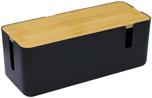 Scatola portacavi nera con coperchio in bambù, grande scatola per la gestione dei cavi, organizer per nascondere cavi e spine (Nero)