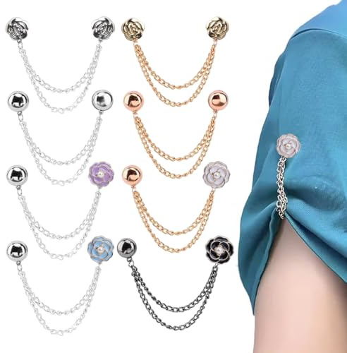 8 Stück Magnetische Kleidungsclips & Broschen für Kleidung, Kamelien-Design mit Kette, Multifunktionale Magnet Clips für Hijab, Hosenbeine & zum Ausschnitt Verkleinern, Nadellos