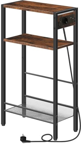 HOOBRO Mesa de Entrada de 3 Niveles con Estación de Carga (1 Toma CA, 1 USB-A, 1 Tipo C), Estante de Malla Ajustable, Mesa de Consola, para Pasillo, Sala de Estar, Negro y Marrón Rústico EBF42CXG01