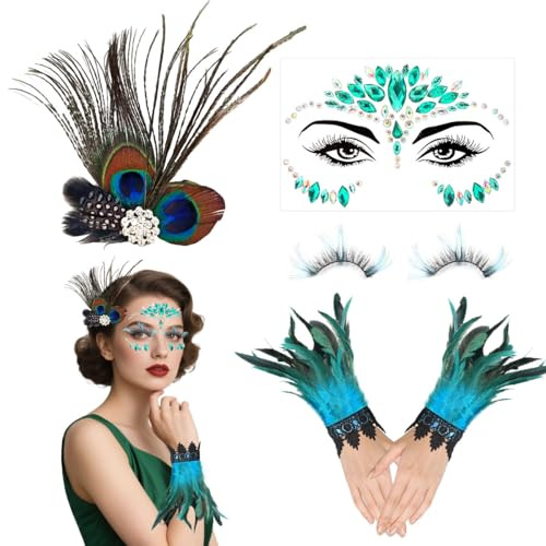 Pfau Kostüm Damen, 4 Stück Pfauenfeder Kostüm Damen, Pfau Karneval Kostüms Accessoires mit Pfauen Haarschmuck, Feder Handschuhe, Glitzersteine Gesicht, Pfauen Feder Set für Karneval Fasching Cosplay