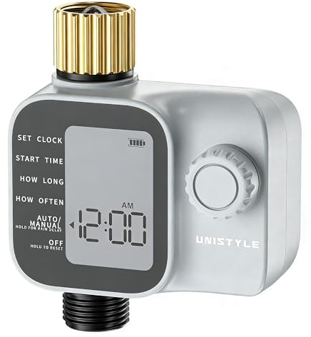 [2026 All-New] Water Timer, Unistyle Hose Timer for Sprinkler Irrigation, Brass Inlet, Automatic Watering System for lawn & Garden Plants, Auto/Manual/Delay Modes, Easy to Set up, Precise Control