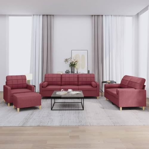 Owoxanthellate 4-teilige Couchgarnitur in weinrot mit Hocker 3 2 1 Sitzer Robustes Polyester für Wohnzimmer Schlafzimmer