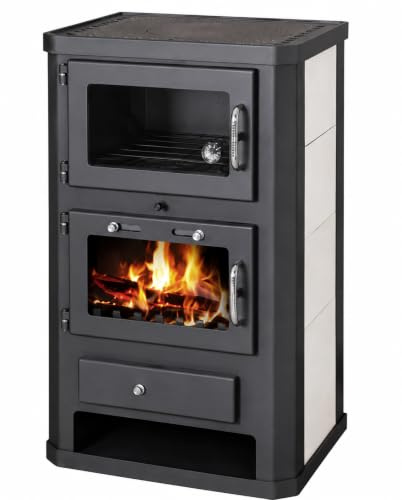 Comfort KF Holzofen 9,51 kW mit Backofen, Schwarzer Kaminofen mit Keramikverkleidung, hinterer Rauchrohranschluss