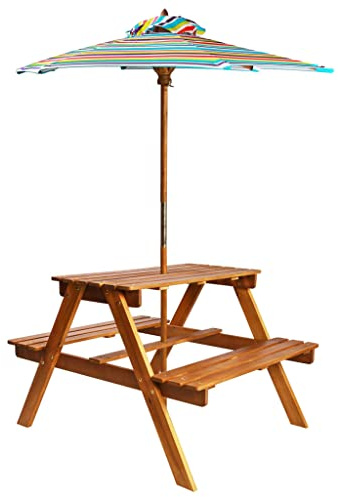 Keeushr Tavolo da picnic in legno di acacia con ombrellone rimovibile e panchine integrate, 79 x 90 x 60 cm, per esterni, set da giardino per attività ricreative