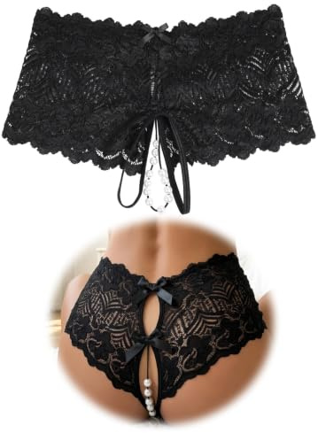 comeondear Tanga Mujer Sexy Abierta de Encaje con Perlas y Lazos | Bragas Brasileñas Sin Entrepierna Ropa Interior Abertura Lencería Ideal para San Valentín y Noches Románticas Talla grande