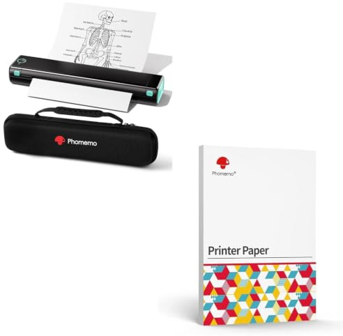 Phomemo M08F Tragbarer Drucker Schwarz Grün mit Tragetasche & 200 Blatt Schnell Trocknendem A4 Thermopapier, kabelloser Bluetooth-Mobildrucker für Reisen, Auto, Büro & Zuhause, Tintenloser Druck