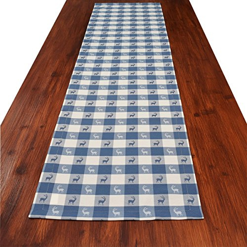 Tischläufer Landhaus-Tischdecke Karo mit Hirsch in Blau 40 x 160 cm rechteckig | blau-weiß Karierter Webstoff langlebig | rustikaler Landhaus-Stil | Tischdeko für Küche, Esszimmer, Gästezimmer