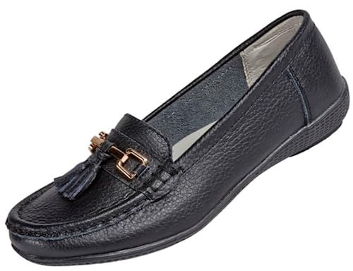 Ladies Nautical Wide FIT Leather Smart Loafer Tassel Moccasin Flat Slip On Comfort Shoe Size 4-8 (UK 5/ EU 38, Black)