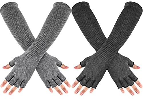 Geyoga 2 Pairs Winter Fingerless Gloves Long Thermal Knitted Mittens Stretchy Arm Warmers Half Finger Gloves for Men Women, 11 Inch (Light Gray, Dark Gray)