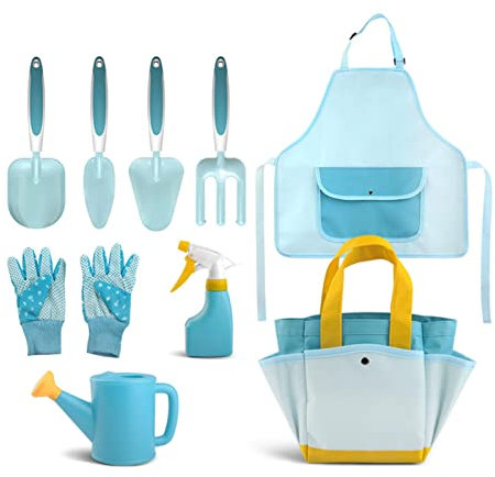 Yiida Kit d'Jardinage pour Enfants - Ensemble JouetPlantation pour Enfants - Comprend Une Pelle, Un râteau, Un arrosoir, Un Sac Rangement, des Gants, Un Tablier, Un Cadeau