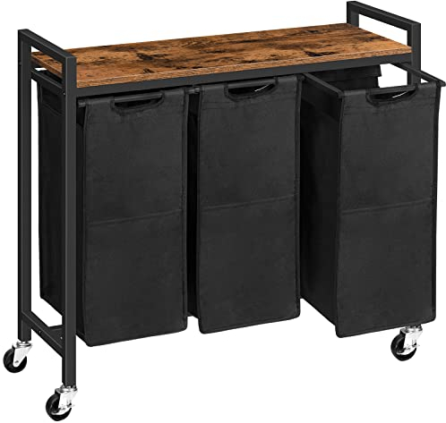 HOOBRO Laundry Basket 3 Compartments, Laundry Sorter 3 × 40 L, Laundry Hamper with Lid, Laundry Trolley on Wheels, Washing Baskets for Bathroom, Bedroom, Rustic Brown and Black EBF38XY01G1