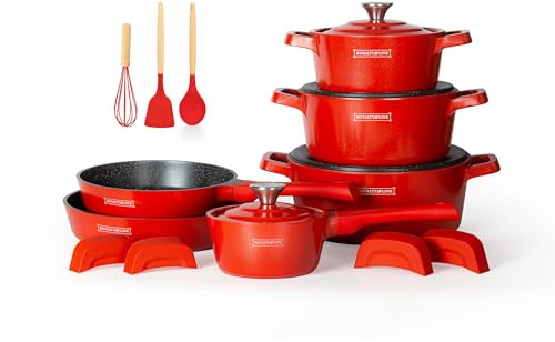 ROYALTY LINE, 14-teiliges Set, Kochgeschirr aus gegossenem Aluminium, marmorierte Beschichtung, für alle Herdarten geeignet, mit 4 abnehmbaren Silikongriffen, verschiedene Größen, Farbe: Rot
