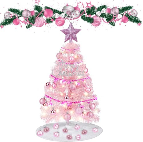 Mini-Weihnachtsbaum, 60 cm, Mini-Weihnachtsbaum, 60 cm, mit LED-Leuchten und Ornamenten, künstlicher Weihnachtsbaum, mit 60 Zweigen und Tipps für die Dekoration von Büro zu Hause im Urlaub (Rosa)