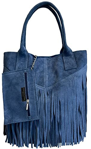 Modarno Damen Echtes Wildleder Fransen Shopper Tasche Plus Schmuckbeutel in derselben Farbe - Handtasche - Schultertasche, Dunkles Babyblau, groß