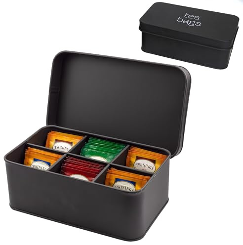 AuldHome Design Enamelware Tea Bag Box (Black), Classic Sleek Style Tea Storage Tin