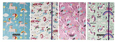 Theonoi 4 x Kinder Ordner Mappe Sammelmappe Heftmappe Zeichenmappe Ablage DIN Jurismappe A4 Kinder- Gummizugmappe Schulanfang Einhorn Unicorn