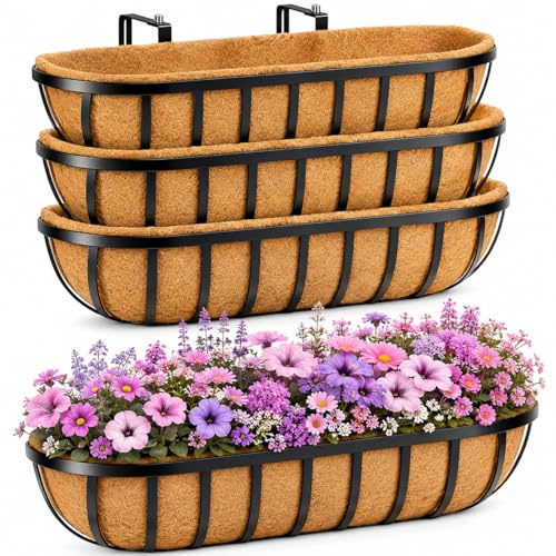 HFHOME 4Pcs 76.2cm/30in Large Wall Trough Rail Planters,Heavy Duty Metal Planter Box with Coconut Coir replacement,Gardening Kit for Window Box Porch Balcony & Outdoor Fences