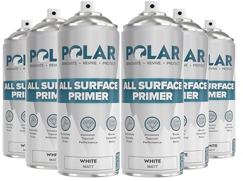 Polar All Surface Primer Matte White - 6 x 13.5 Fl Oz - Ideal for Wood, Metal, Plastic, Brick - Enhanced Adhesion & Quick Drying