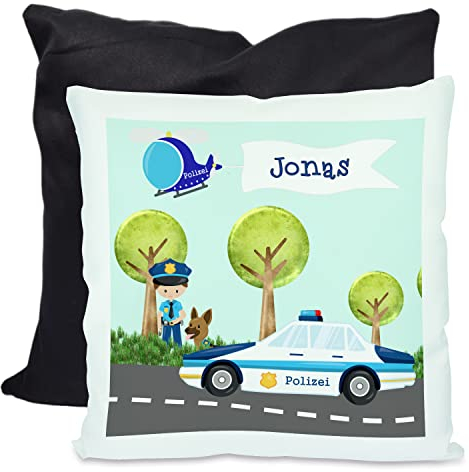 CreaDesign, Kinder Kissen 40x40 cm personalisiert mit Namen, Kinderzimmer Deko Kissen Kinder mit Füllung Federn, Motiv Polizei, Rückenfarbe Schwarz